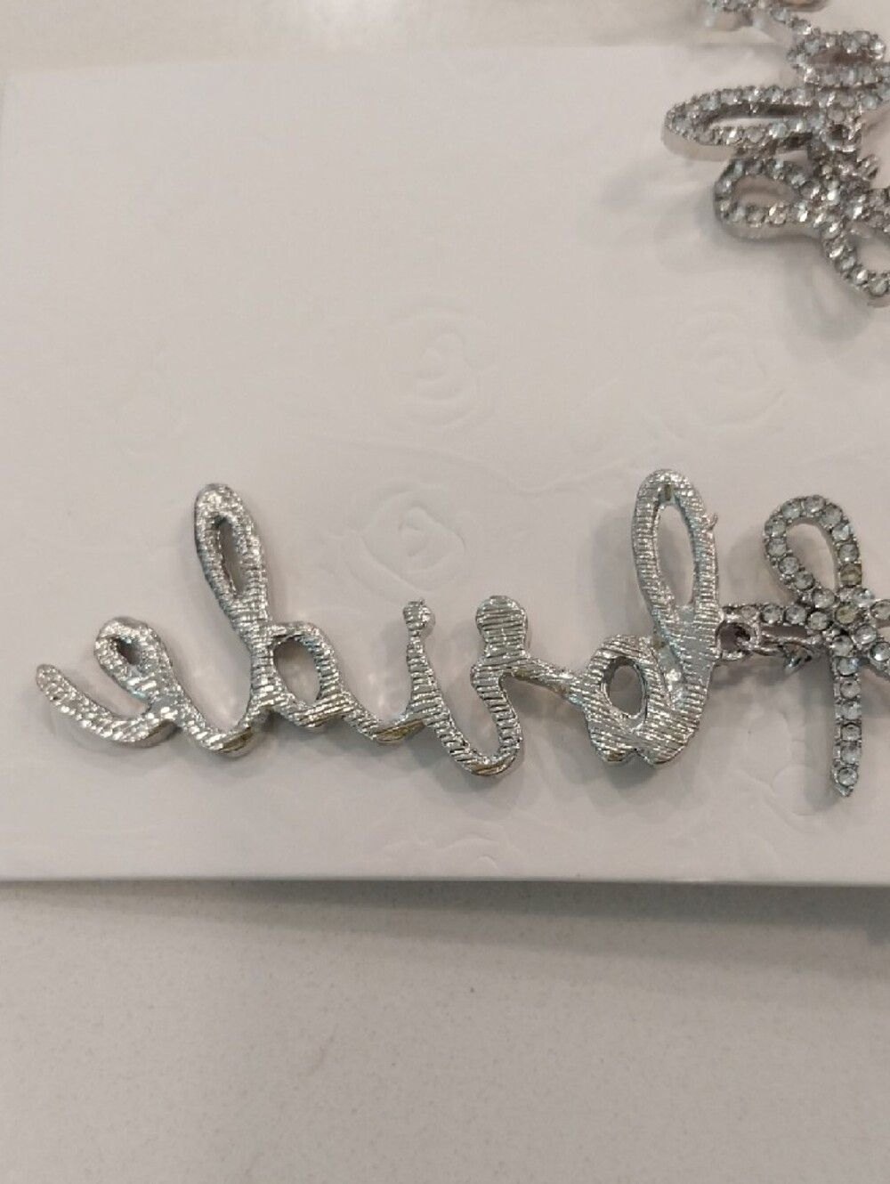Unlisted Silver Rhinestone 'Bride' Script Dangle Earrings - Picture 4 of 6